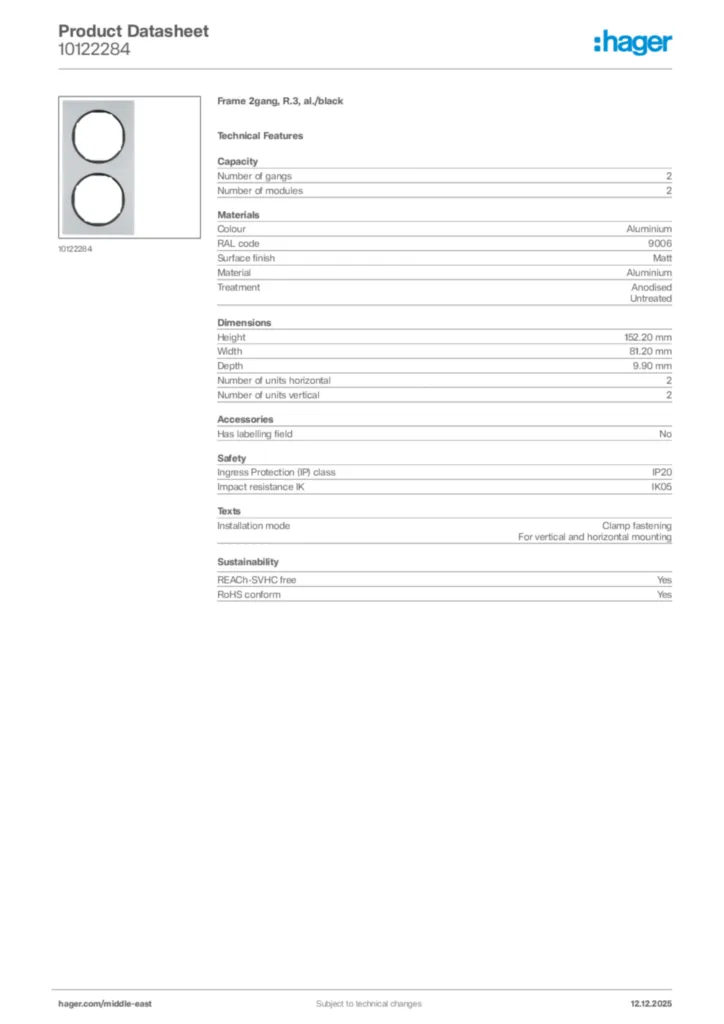 Image Hager Product data sheet 10122284  | Hager