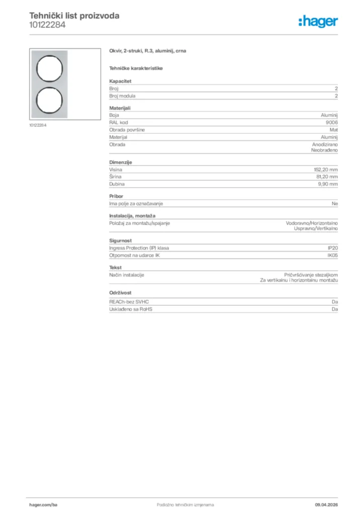 Slika Hager Tehnički list proizvoda 10122284  | Hager