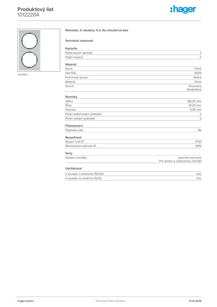 Obrázek Hager Product data sheet 10122284 | Hager