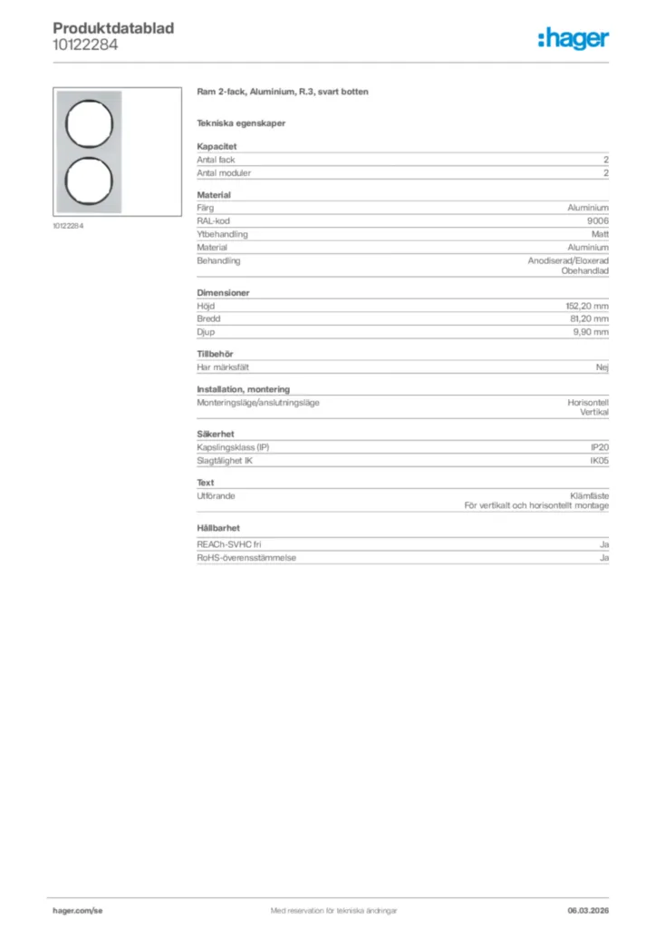 Bild Hager Produktdatablad 10122284 | Hager Sverige