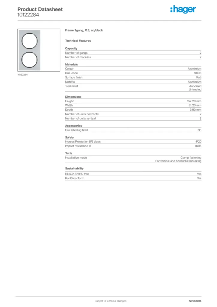 Image Hager Product data sheet 10122284  | Hager