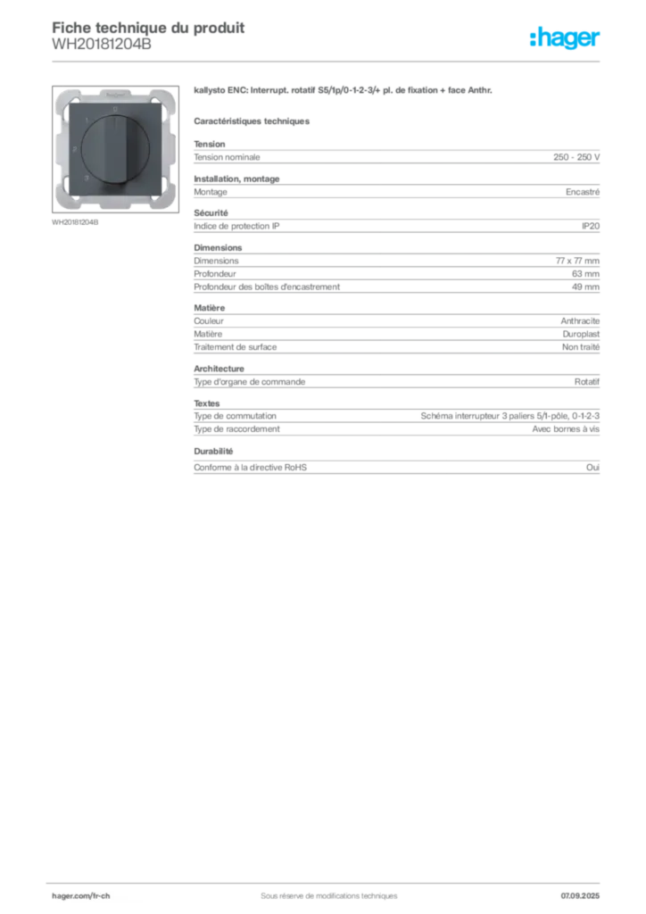 Image Hager Fiche technique du produit WH20181204B | Hager Suisse