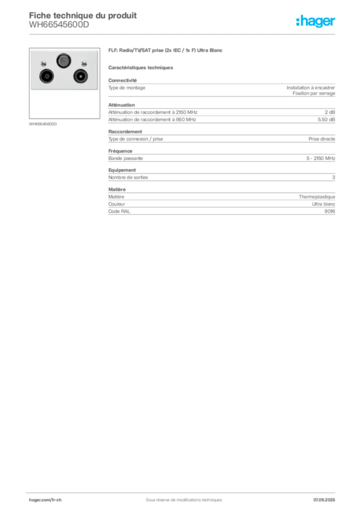 Image Hager Fiche technique du produit WH66545600D | Hager Suisse