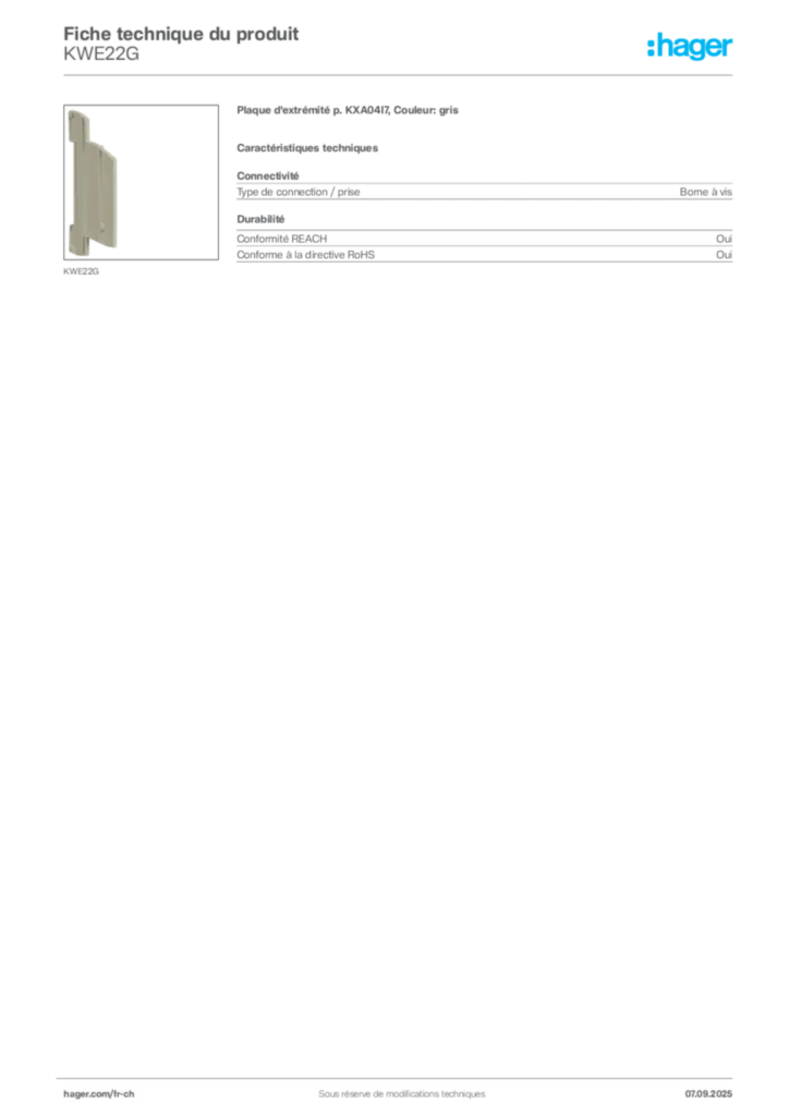 Image Hager Fiche technique du produit KWE22G | Hager Suisse