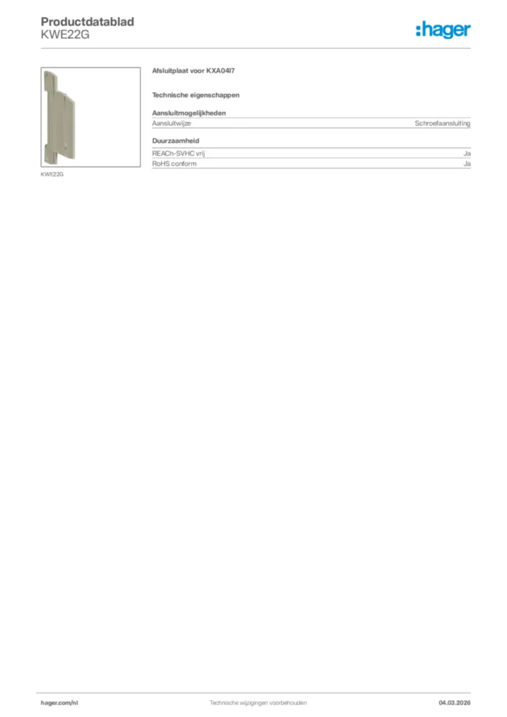 Afbeelding Hager Productdatablad KWE22G | Hager Nederland