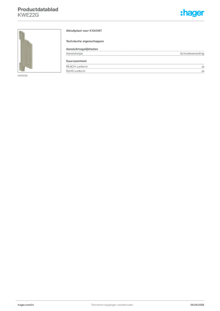 Afbeelding Hager Productdatablad KWE22G | Hager Nederland