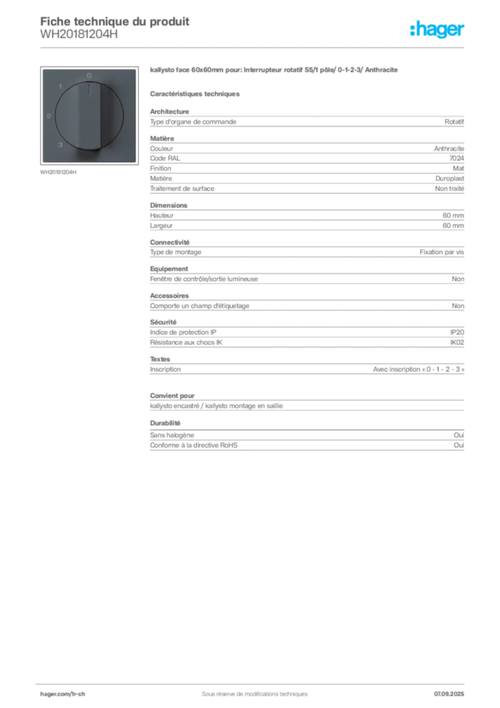 Image Hager Fiche technique du produit WH20181204H | Hager Suisse