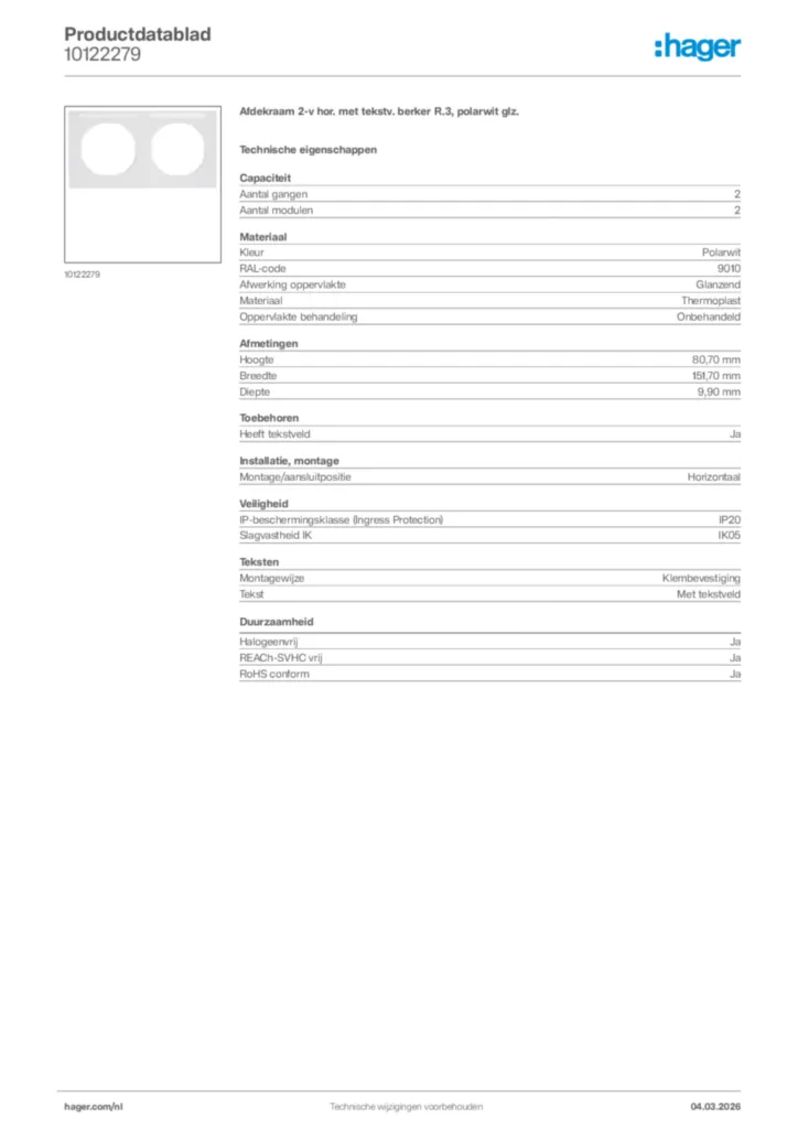 Afbeelding Hager Productdatablad 10122279 | Hager Nederland