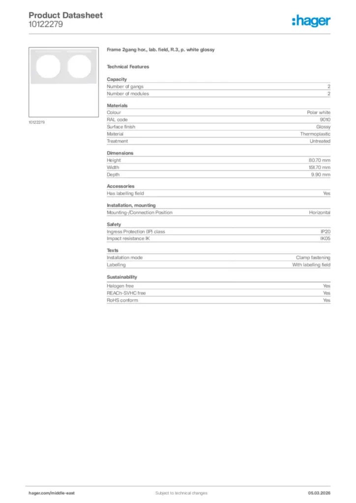 Image Hager Product data sheet 10122279  | Hager