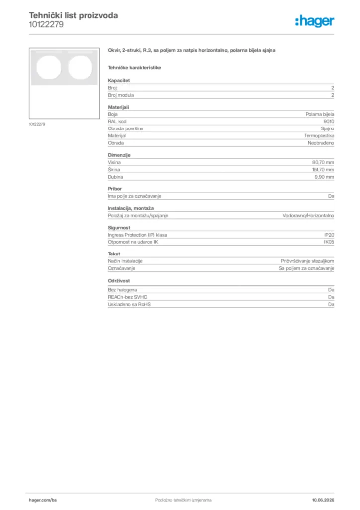 Slika Hager Tehnički list proizvoda 10122279  | Hager