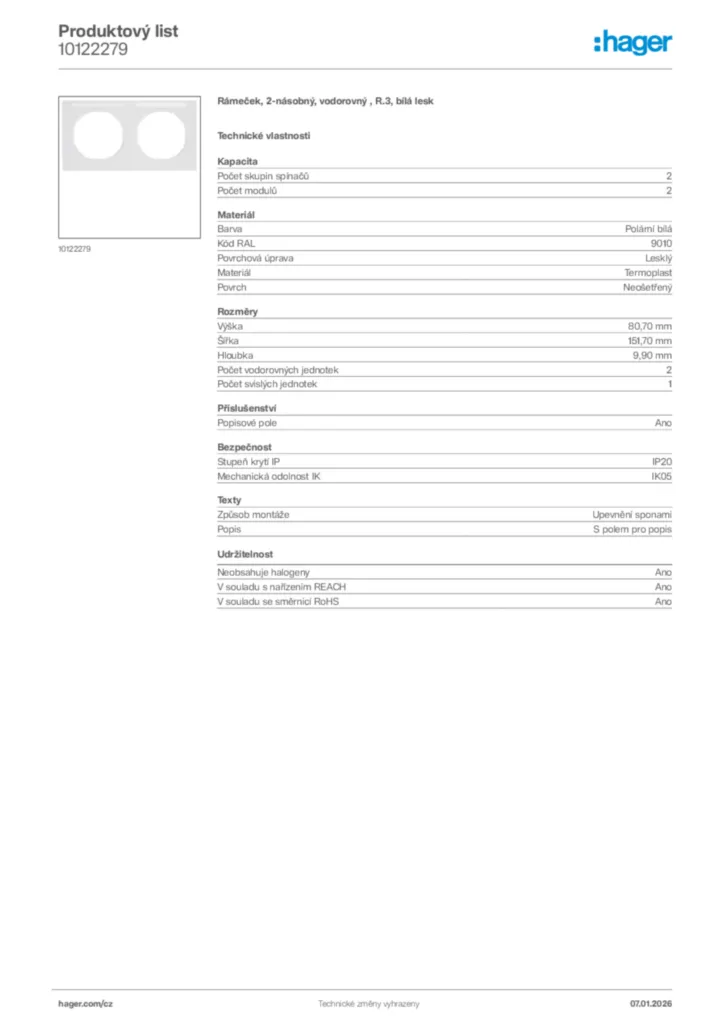 Obrázek Hager Product data sheet 10122279 | Hager