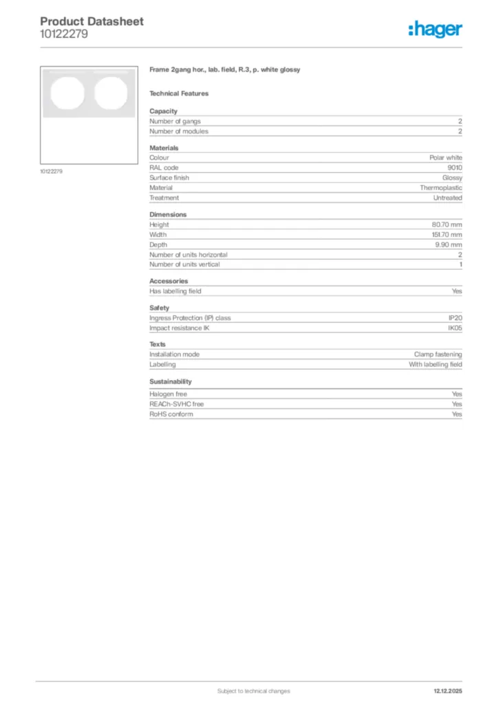 Image Hager Product data sheet 10122279  | Hager