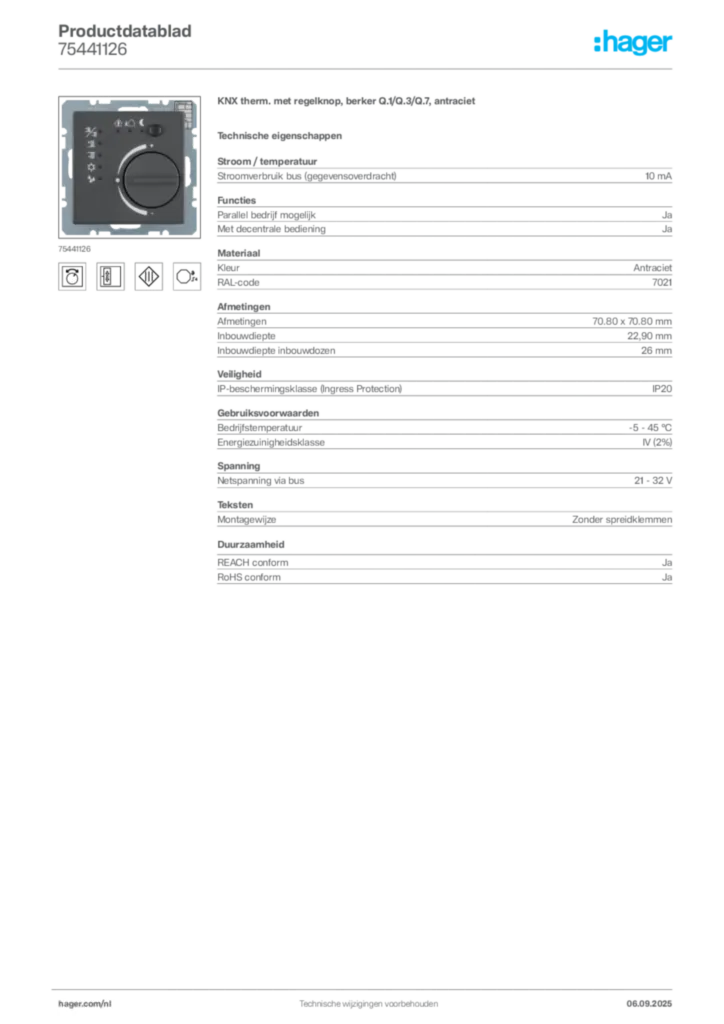 Afbeelding Hager Productdatablad 75441126 | Hager Nederland