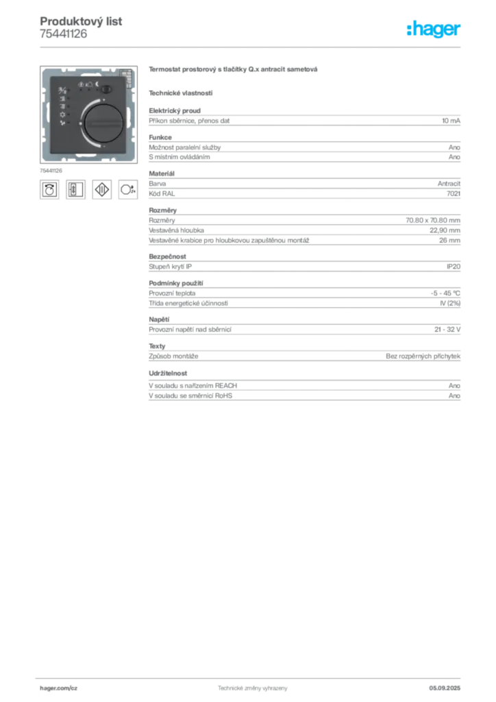 Obrázek Hager Produktový list 75441126 | Hager