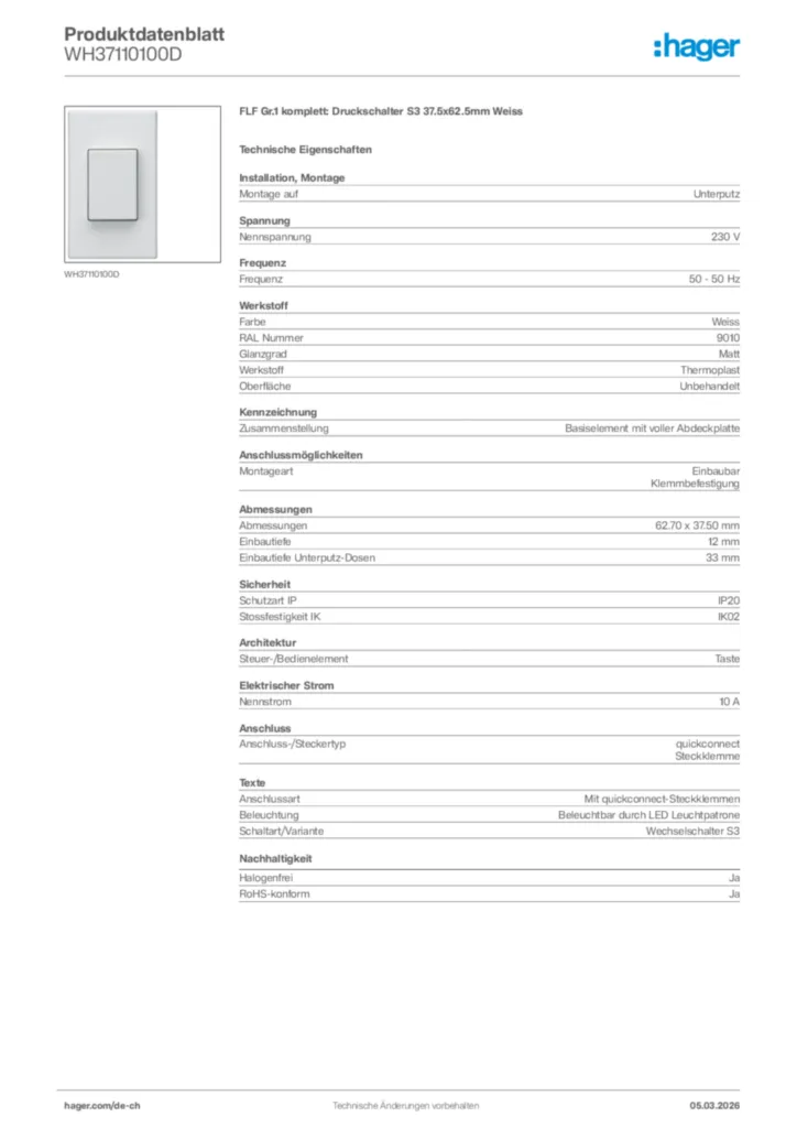 Bild Hager Produktdatenblatt WH37110100D | Hager Schweiz