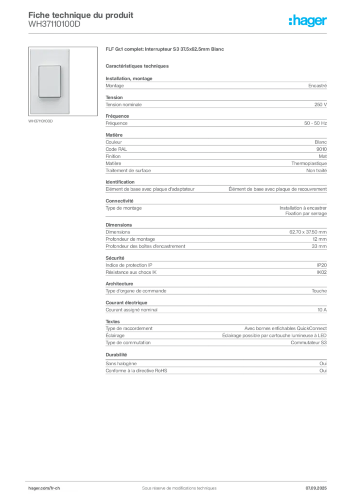 Image Hager Fiche technique du produit WH37110100D | Hager Suisse