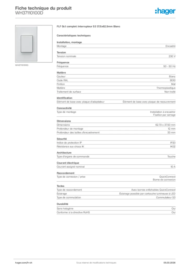Image Hager Fiche technique du produit WH37110100D | Hager Suisse