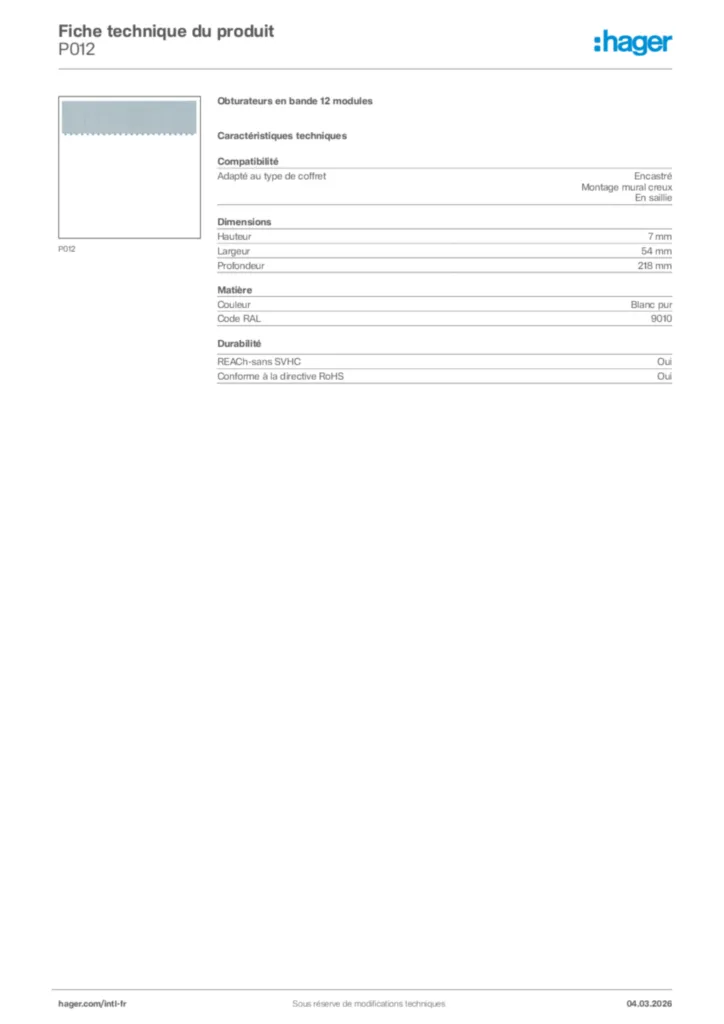 Image Hager Fiche technique du produit P012 | Hager Afrique
