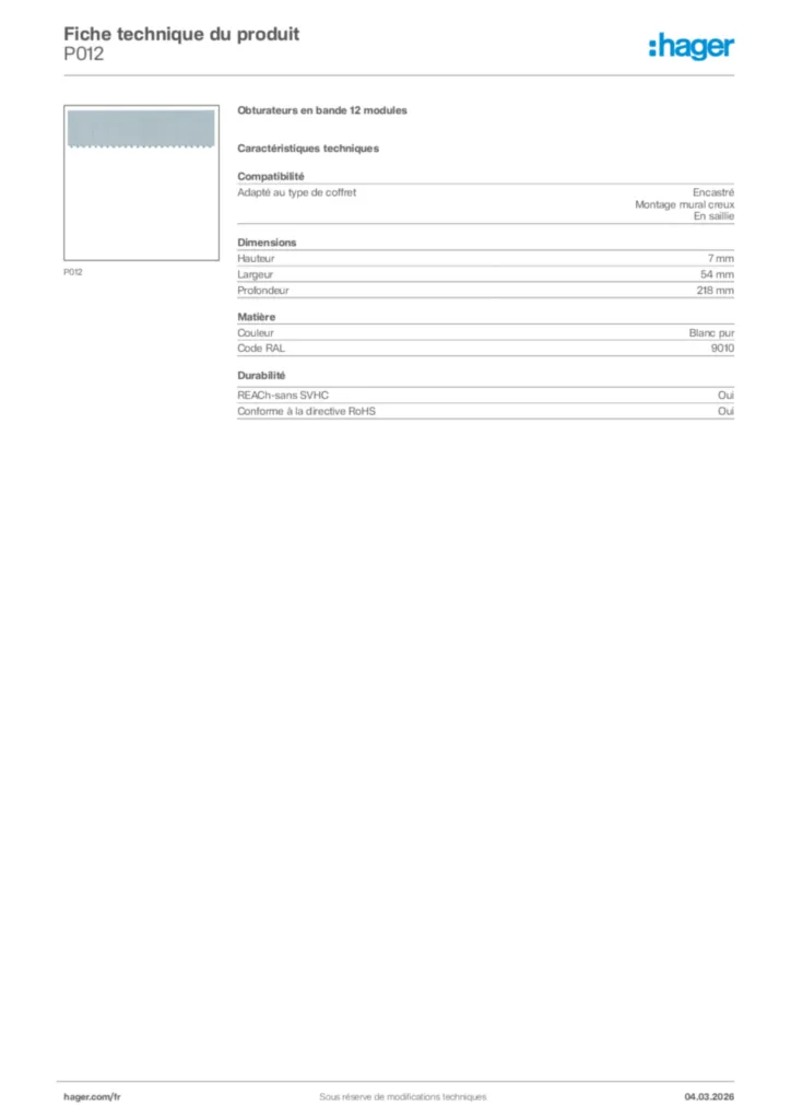 Image Hager Fiche technique du produit P012 | Hager France