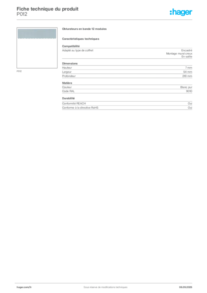 Image Hager Fiche technique du produit P012 | Hager France
