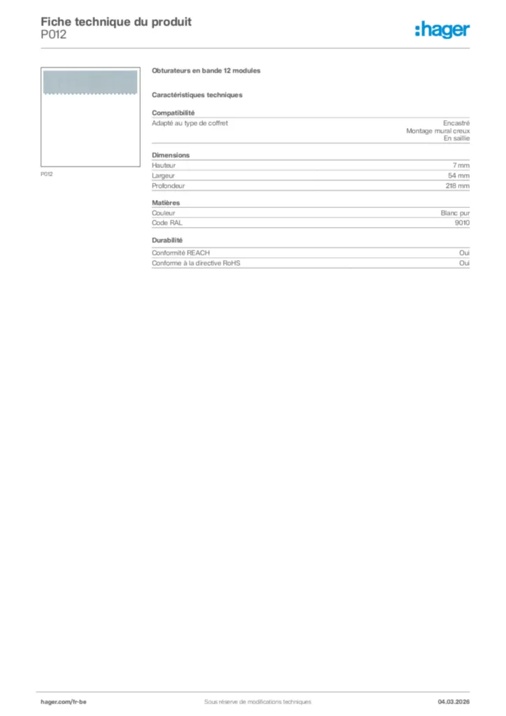Image Hager Fiche technique du produit P012 | Hager Belgique