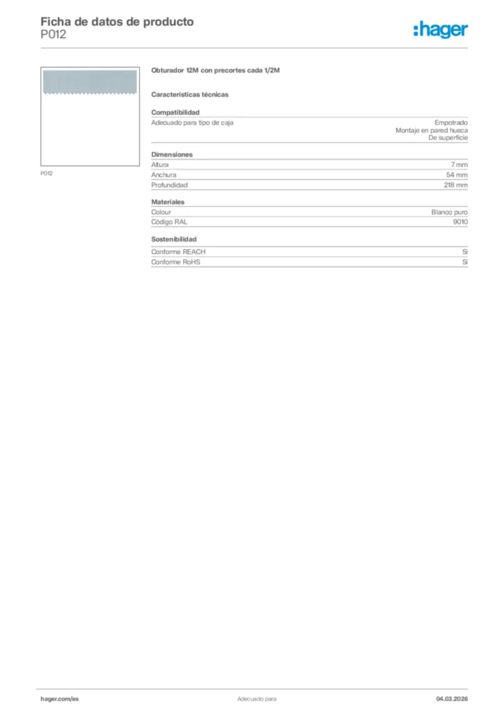 Imagen Hager Ficha de datos de producto P012 | Hager España