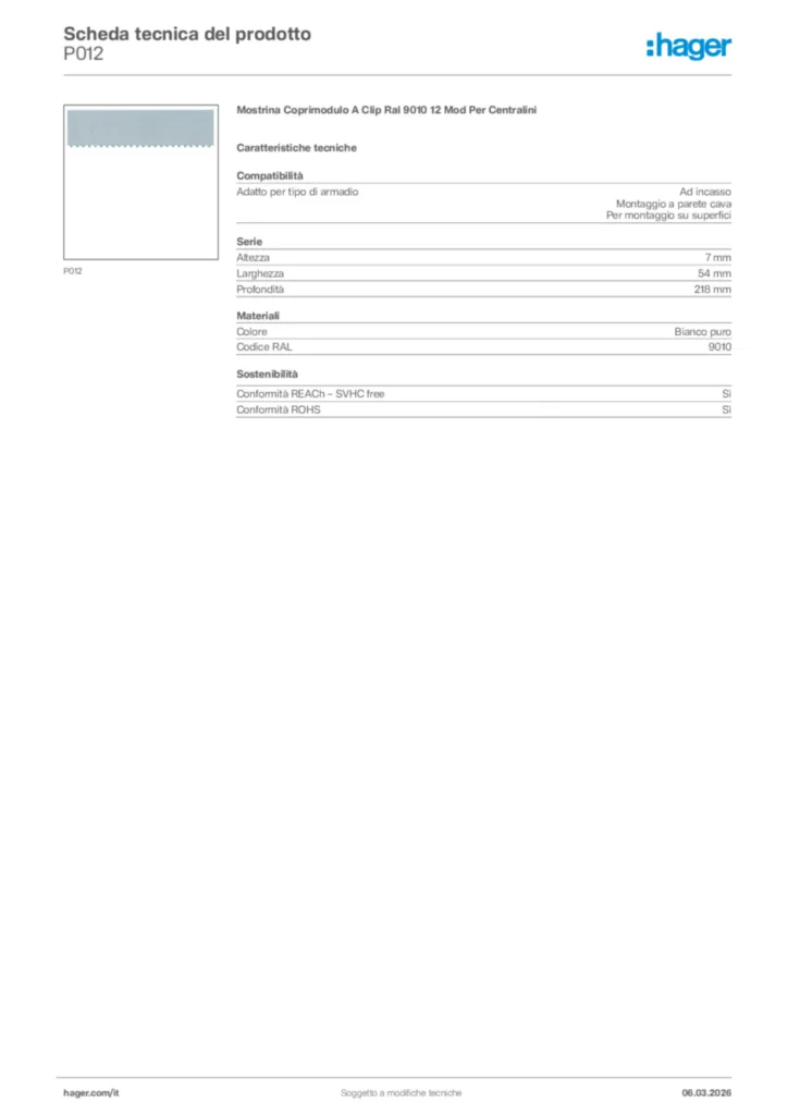 Immagine Hager Scheda tecnica del prodotto P012 | Hager Italia
