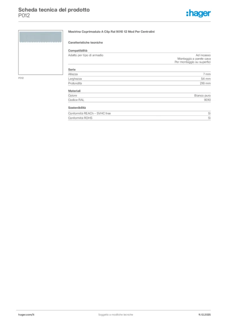 Immagine Hager Scheda tecnica del prodotto P012 | Hager Italia
