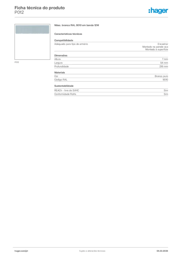 Imagem Hager Ficha técnica do produto P012 | Hager Portugal