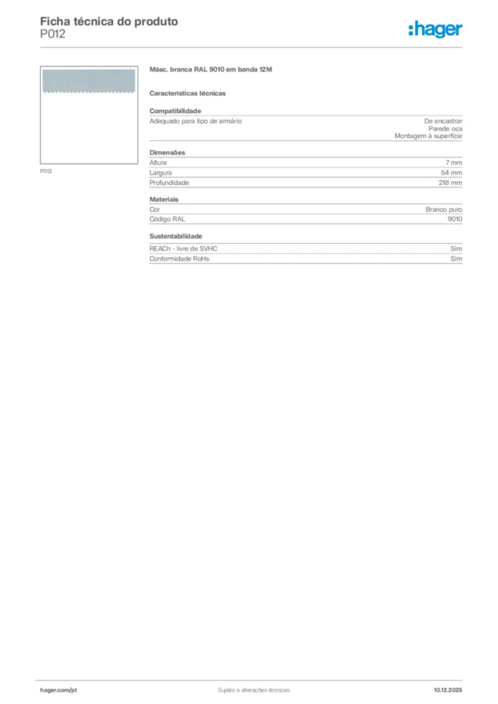 Imagem Hager Ficha técnica do produto P012 | Hager Portugal