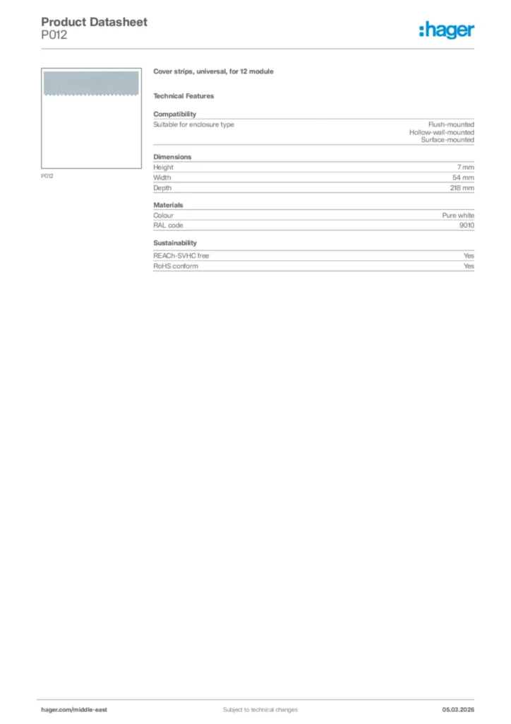Image Hager Product data sheet P012  | Hager