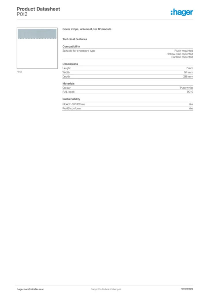 Image Hager Product data sheet P012  | Hager