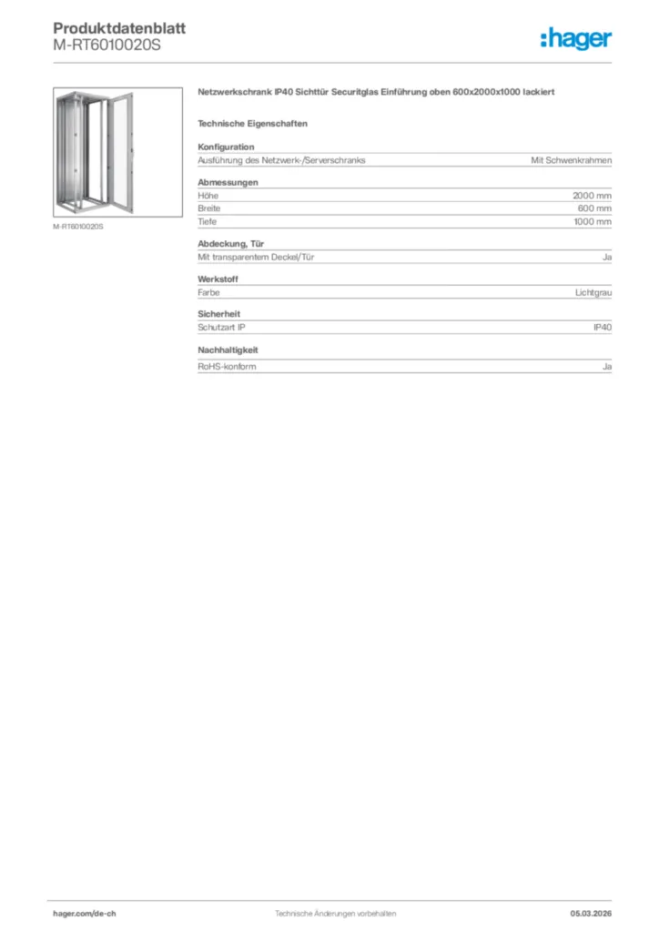 Bild Hager Produktdatenblatt M-RT6010020S | Hager Schweiz