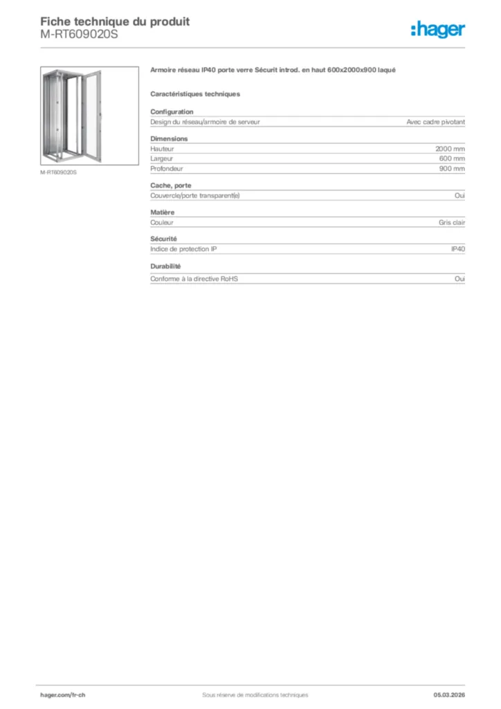Image Hager Fiche technique du produit M-RT609020S | Hager Suisse