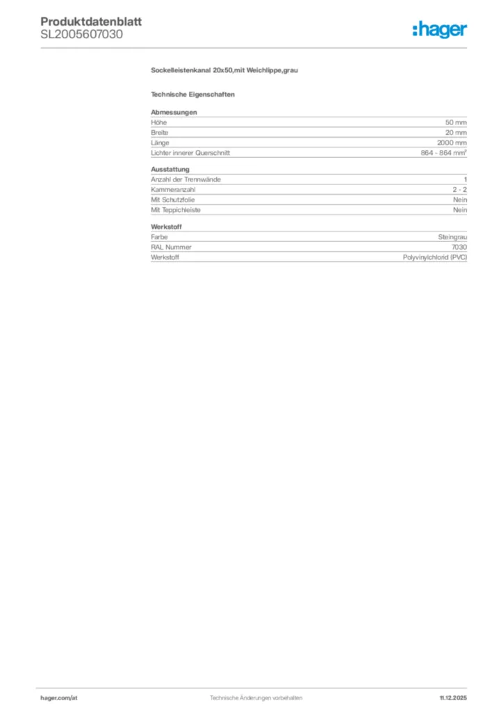 Bild Hager Produktdatenblatt SL2005607030 | Hager Deutschland