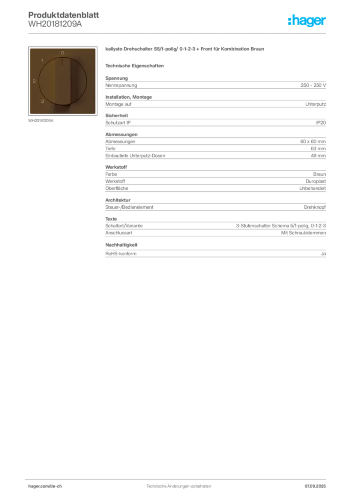 Bild Hager Produktdatenblatt WH20181209A | Hager Schweiz