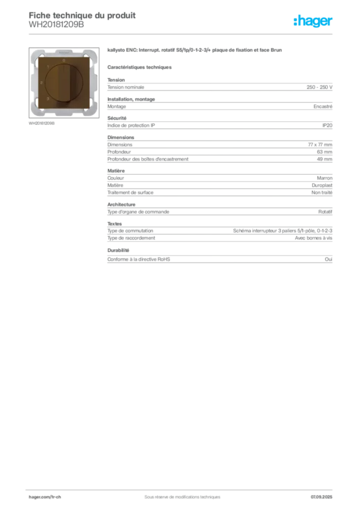 Image Hager Fiche technique du produit WH20181209B | Hager Suisse
