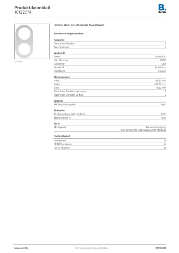 Bild Berker Produktdatenblatt 10122074 | Hager Deutschland
