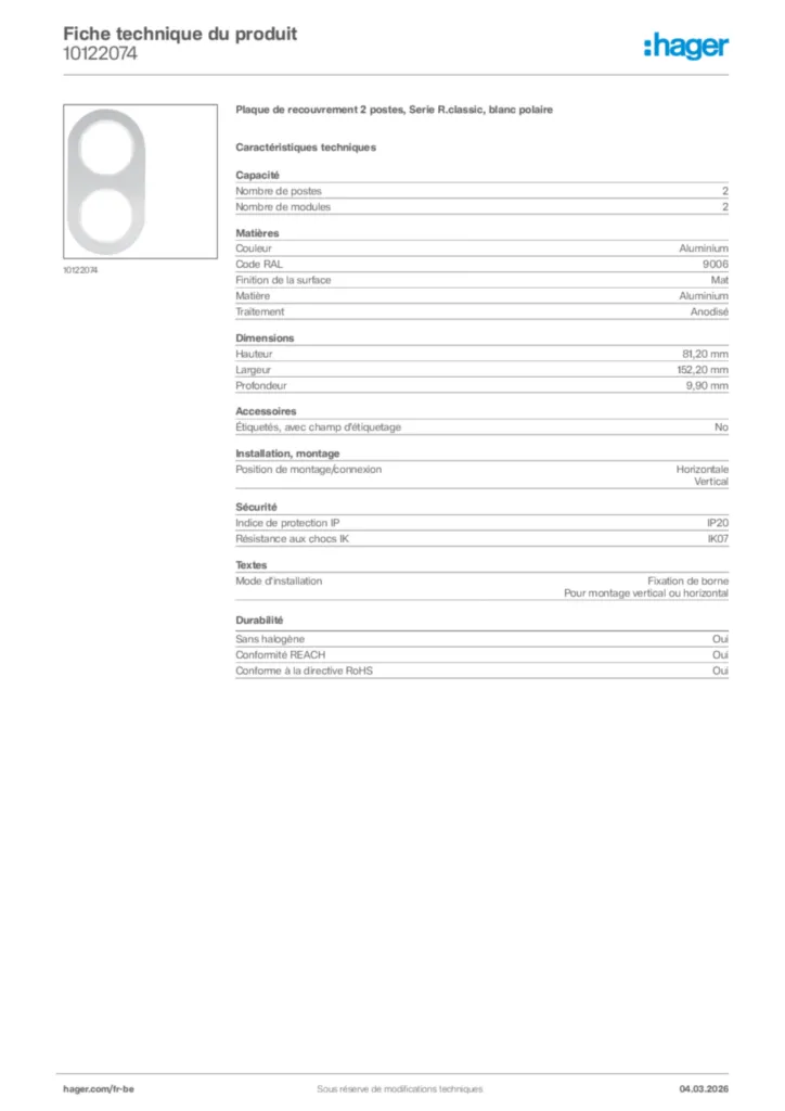 Image Hager Fiche technique du produit 10122074 | Hager Belgique