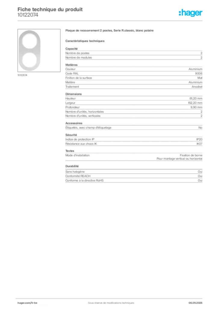Image Hager Fiche technique du produit 10122074 | Hager Belgique