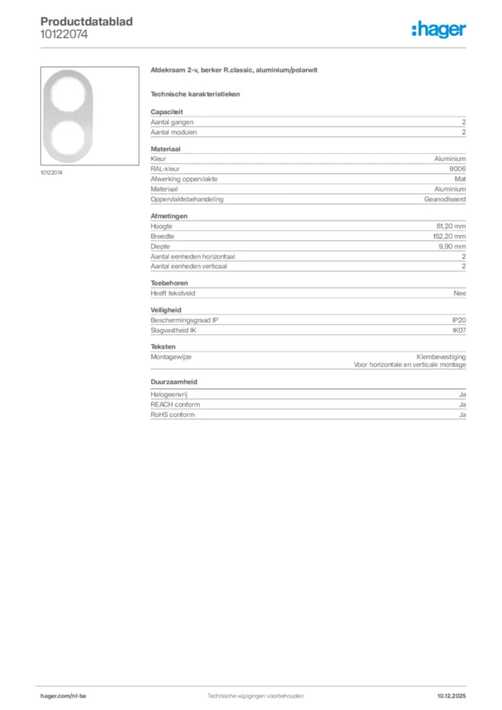 Afbeelding Hager Productdatablad 10122074 | Hager Belgium