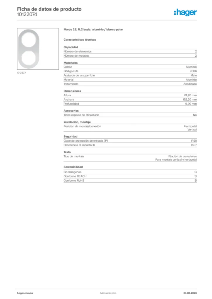 Imagen Hager Ficha de datos de producto 10122074 | Hager España