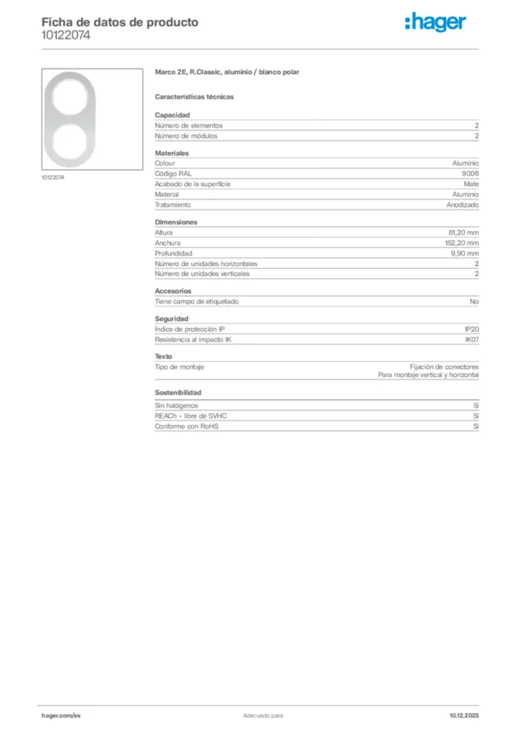 Imagen Hager Ficha de datos de producto 10122074 | Hager España