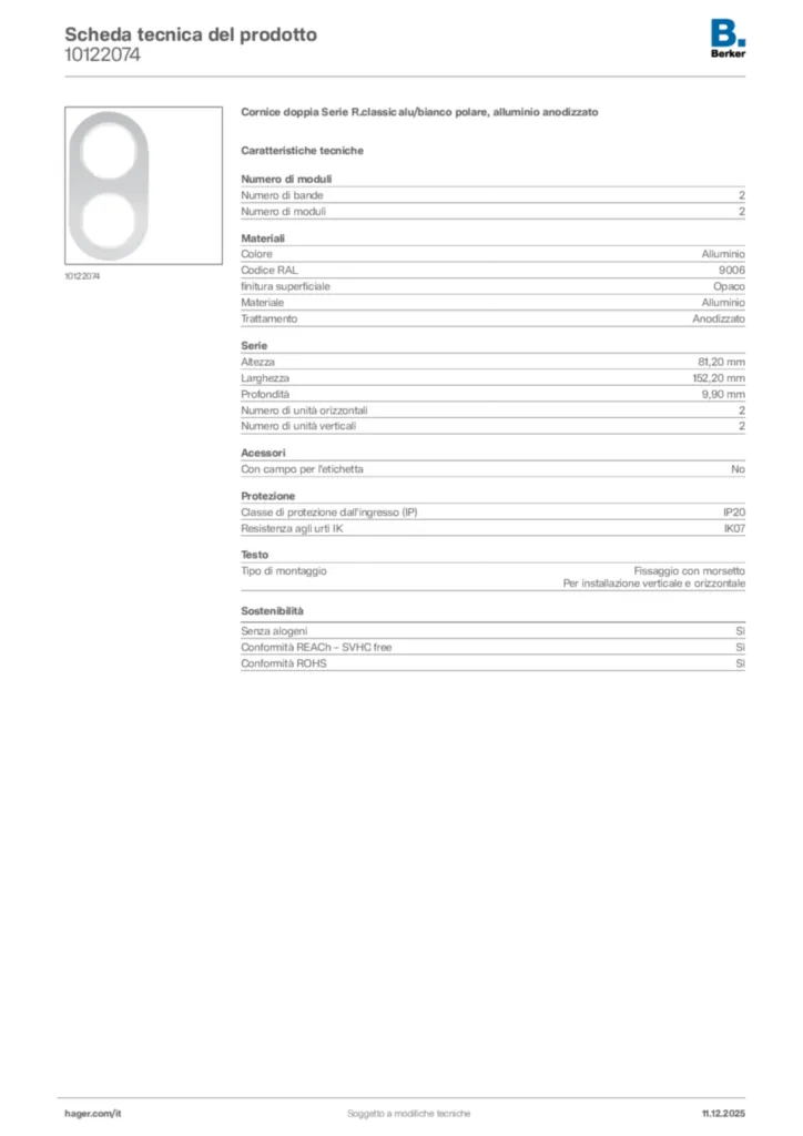 Immagine Berker Scheda tecnica del prodotto 10122074 | Hager Italia