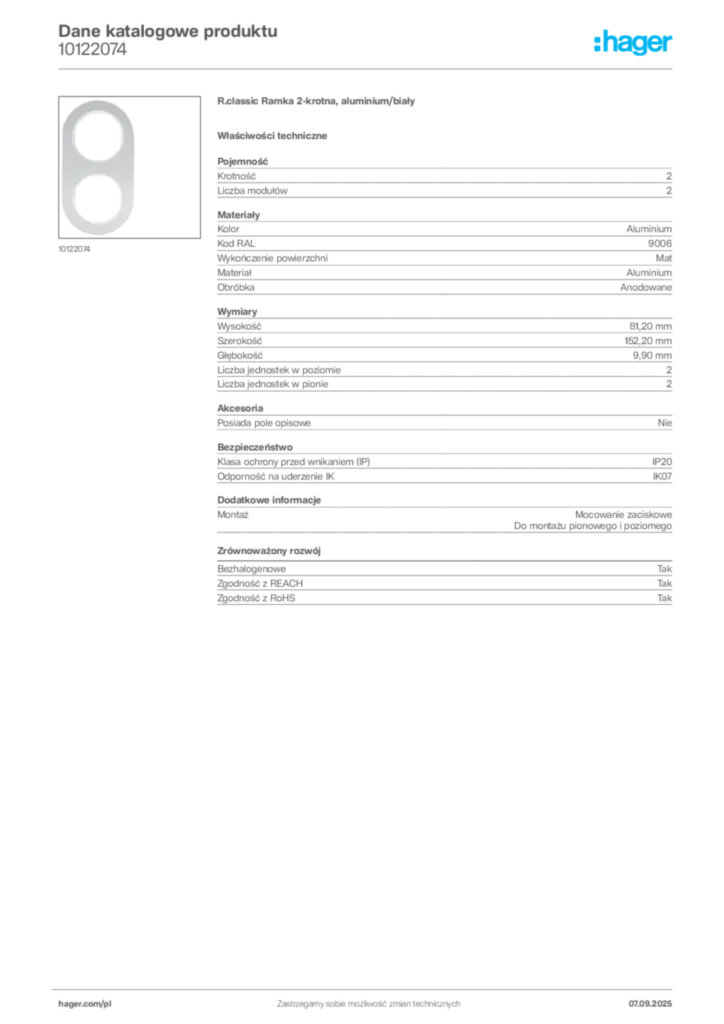 Zdjęcie Hager Dane katalogowe produktu 10122074 | Hager Polska