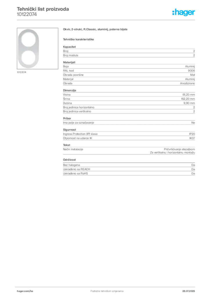 Slika Hager Product data sheet 10122074  | Hager
