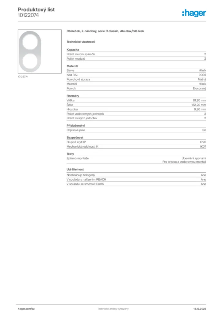 Obrázek Hager Produktový list 10122074 | Hager