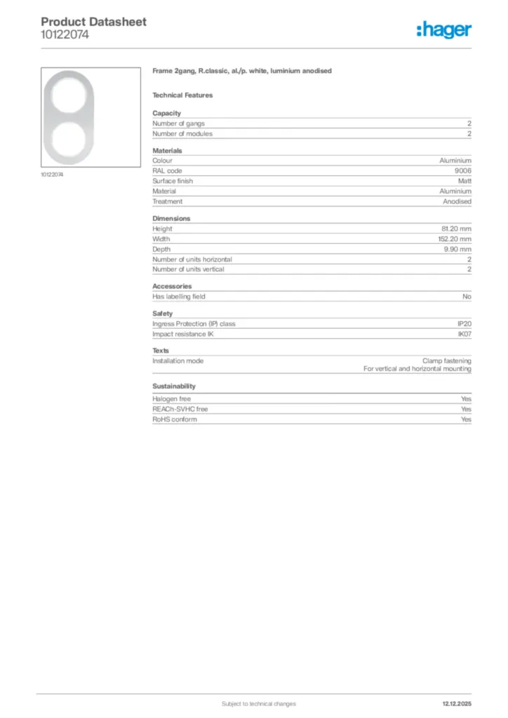 Image Hager Product data sheet 10122074  | Hager