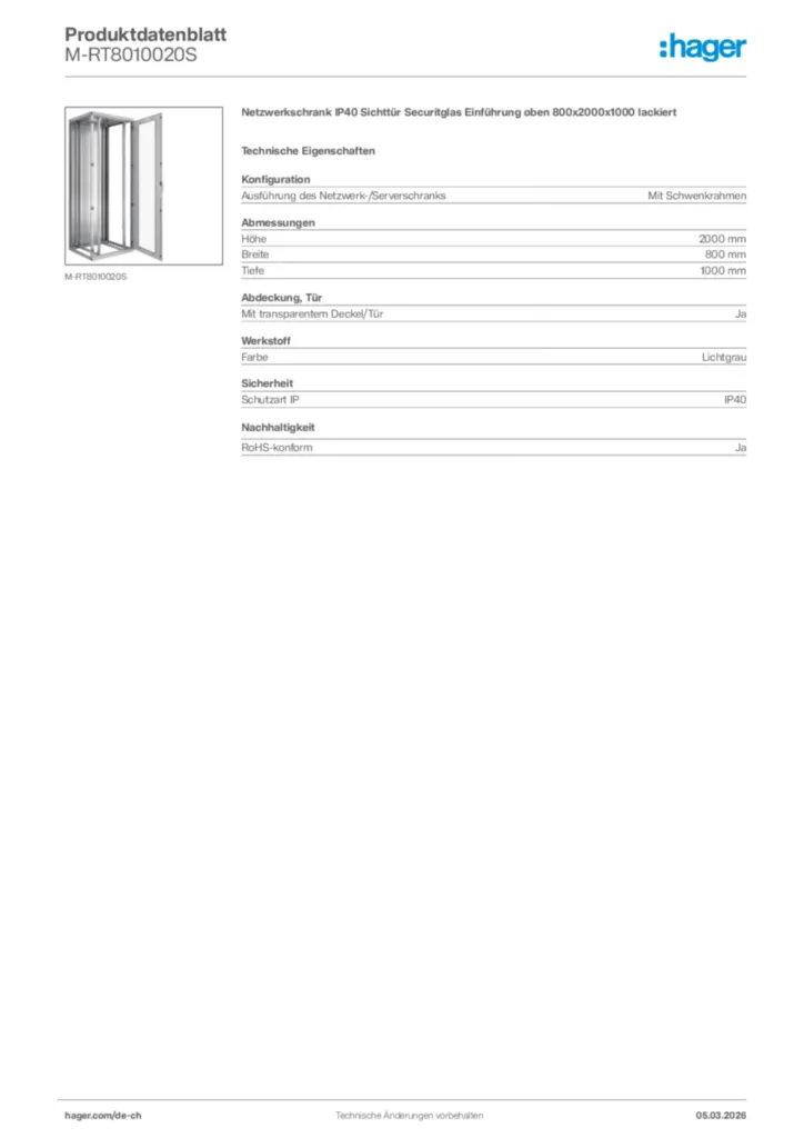 Bild Hager Produktdatenblatt M-RT8010020S | Hager Schweiz