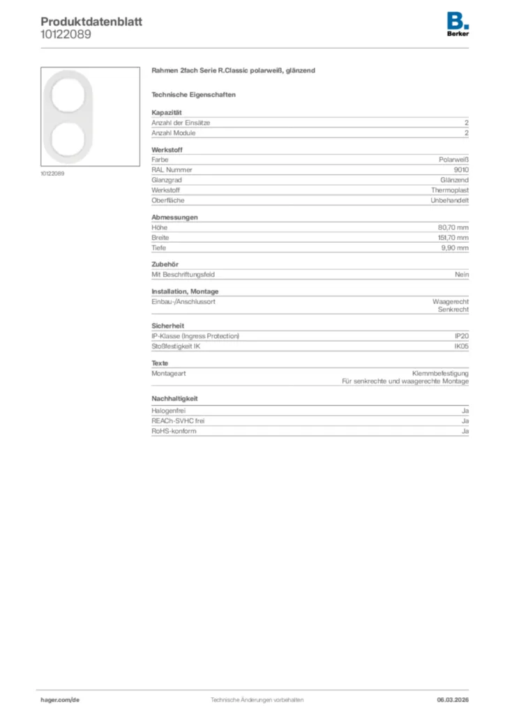 Bild Berker Produktdatenblatt 10122089 | Hager Deutschland